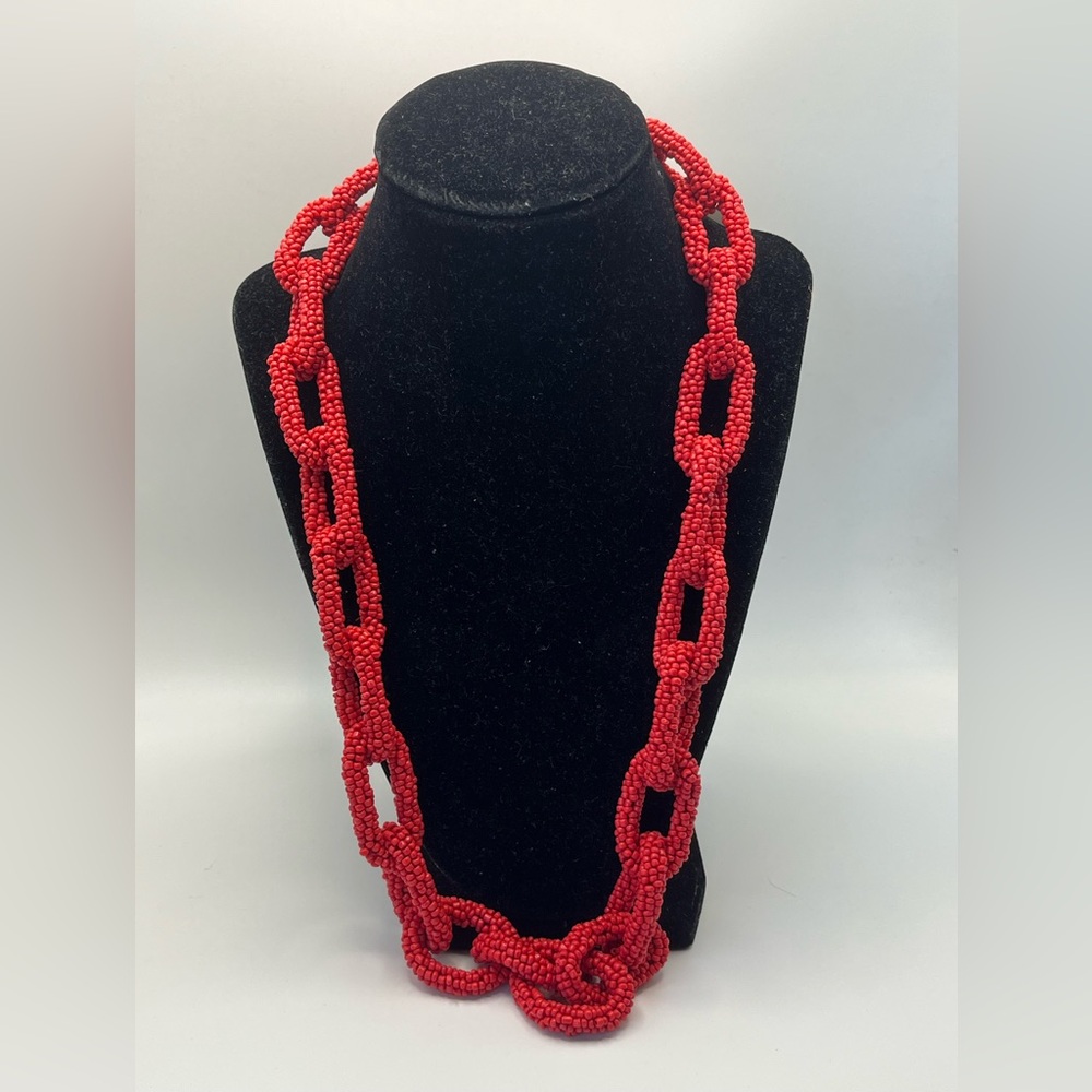 Pink Linen Red Beaded Rope Hand-beaded Necklace